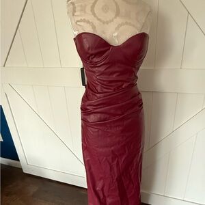 Elegant luxe faux leather Strapless burgundy  maxi Dress-new with tags